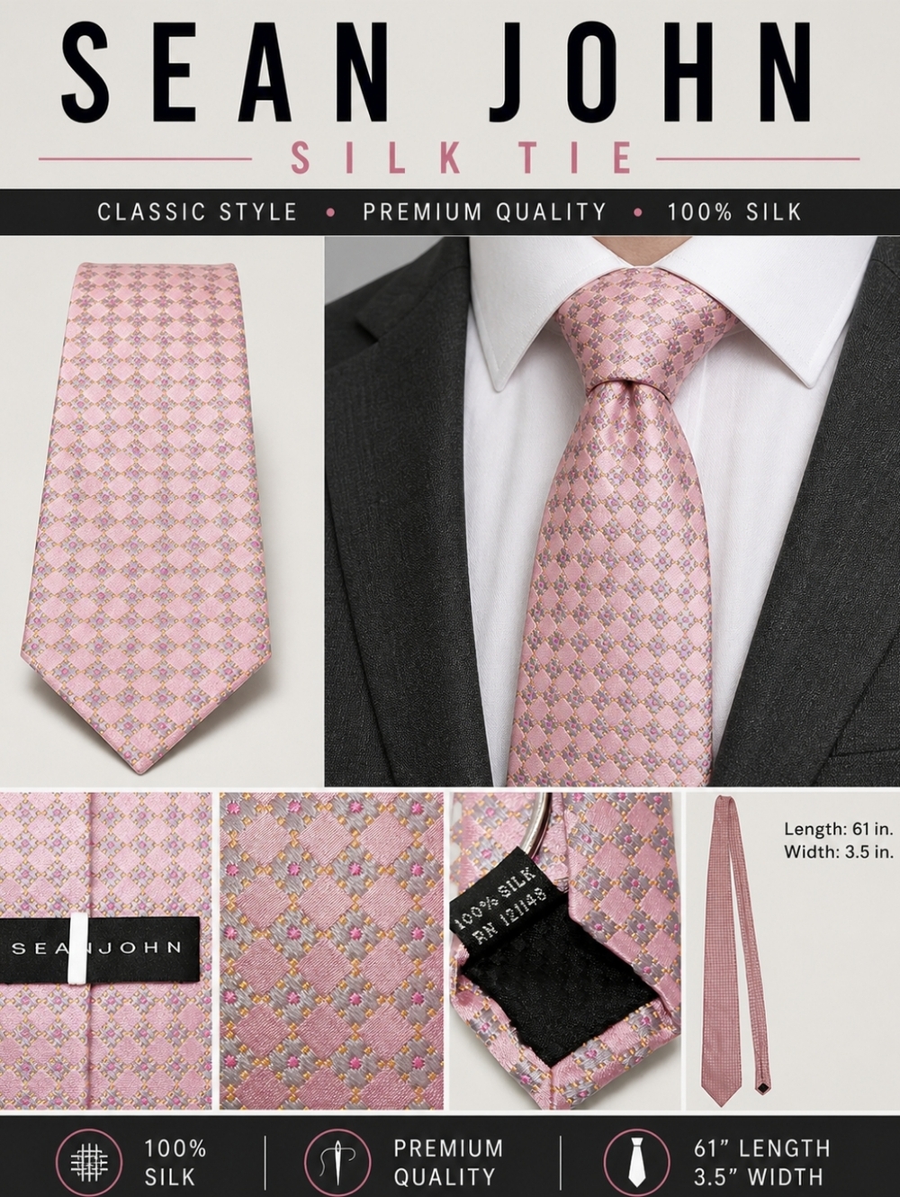 Sean John Pink Silk Tie Diamond Check Long Classic Width